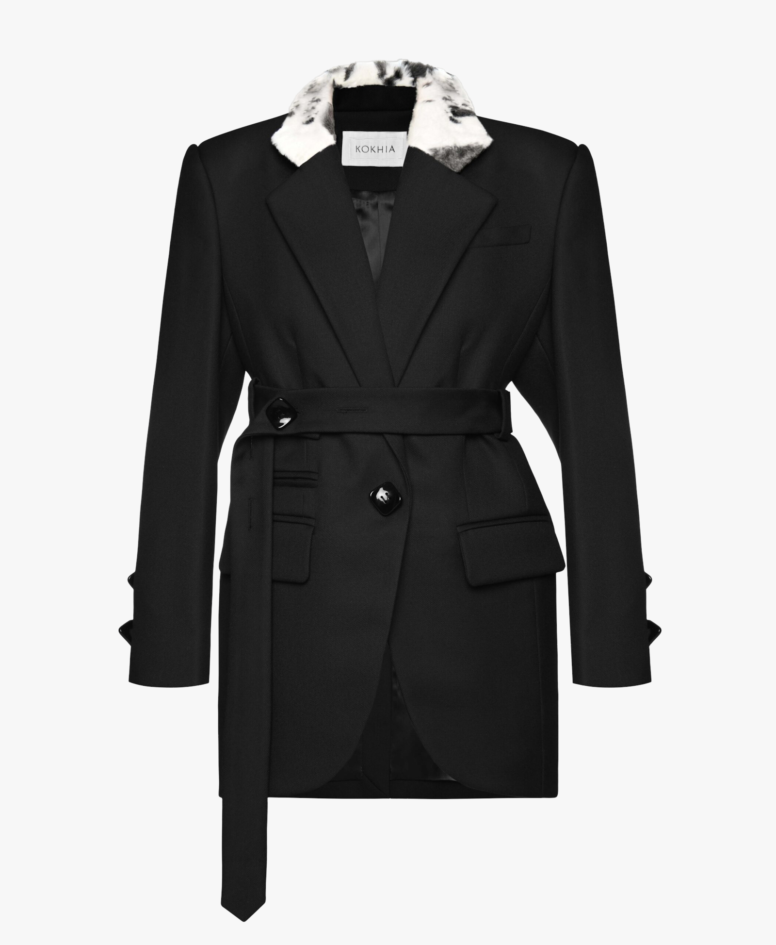 Belted blazer with faux fur collar made by Maria Kokhia