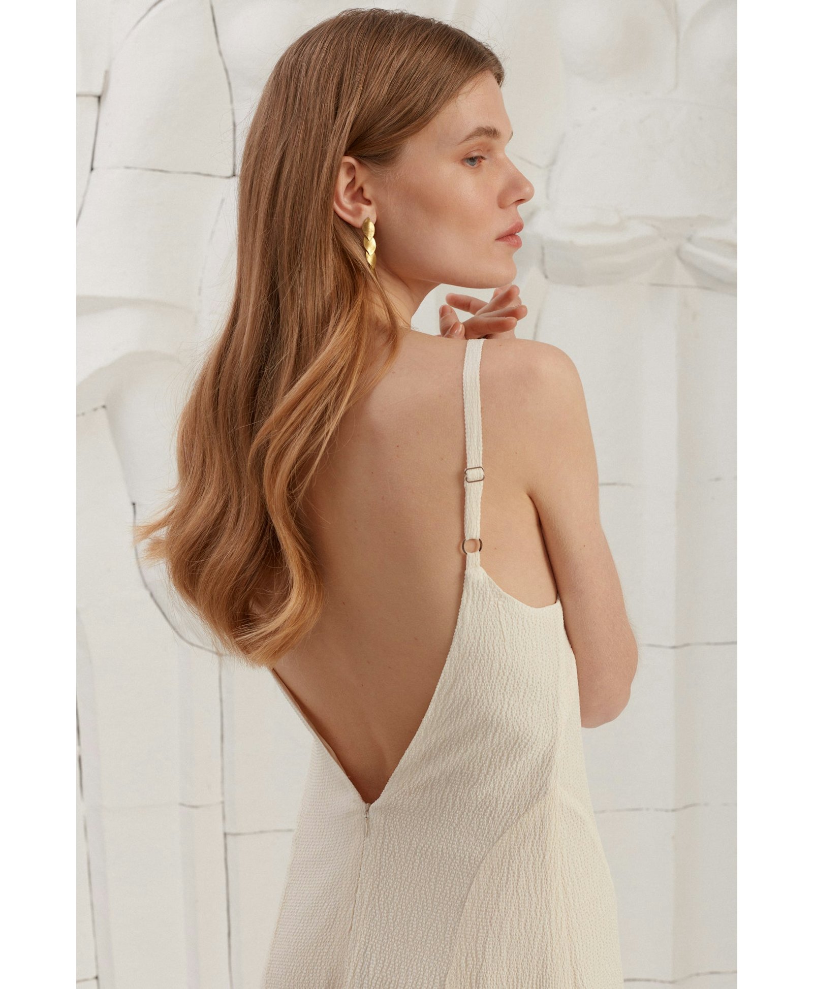 INES textured silk open back maxi dress made by UNDRESS