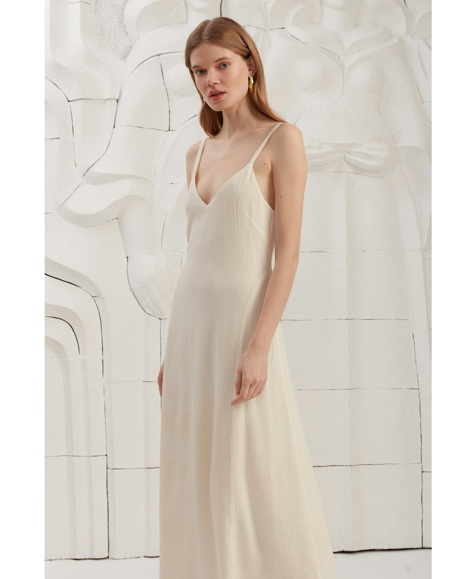 INES textured silk open back maxi dress made by UNDRESS
