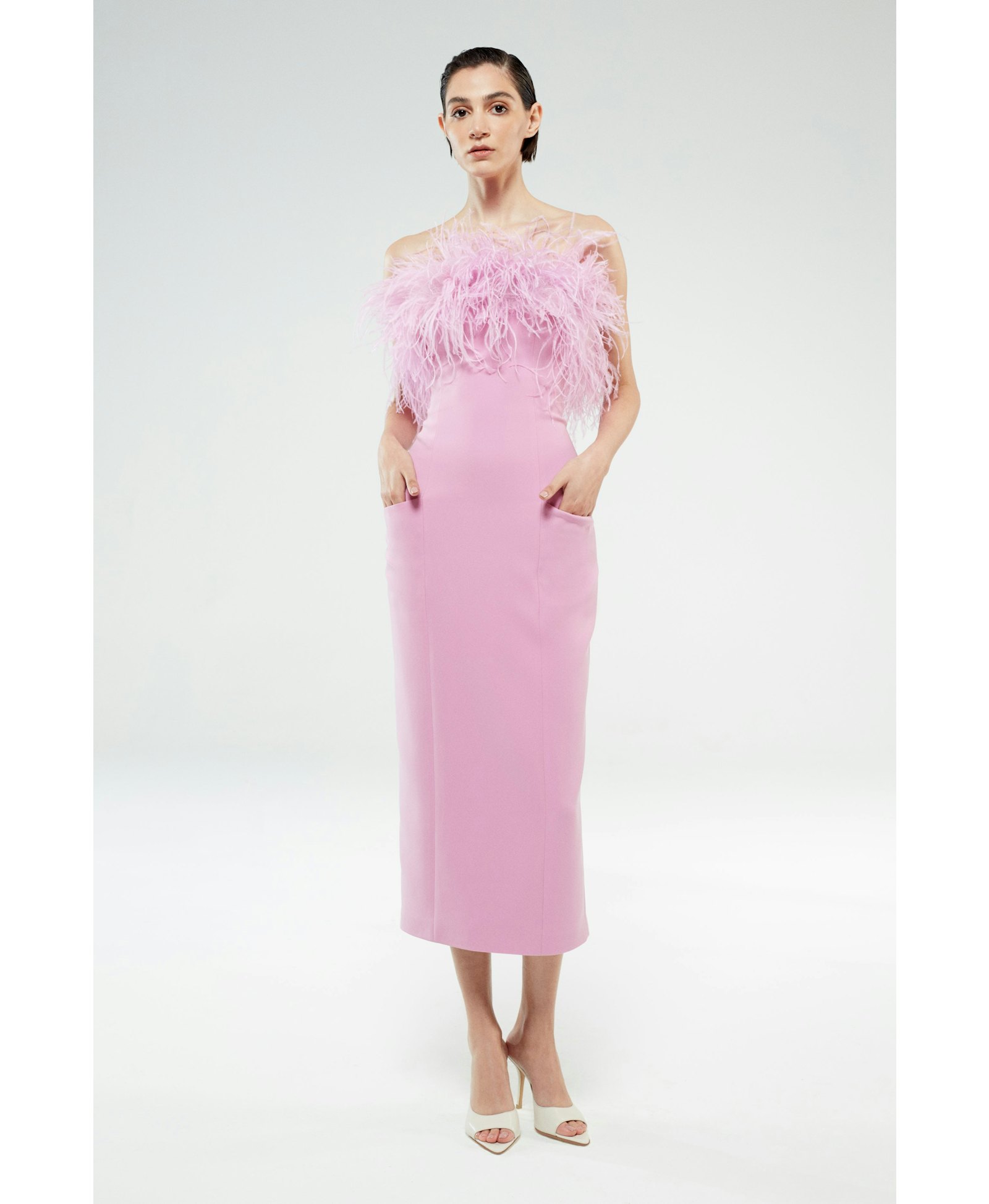 Alanis - Strapless Midi Dress with Feathers made by ILA